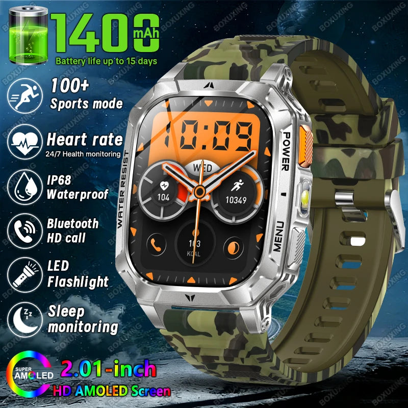 Green Camouflage Color Military Outdoor Smartwatch 1400mAh – IP68, Flashlight, Calls