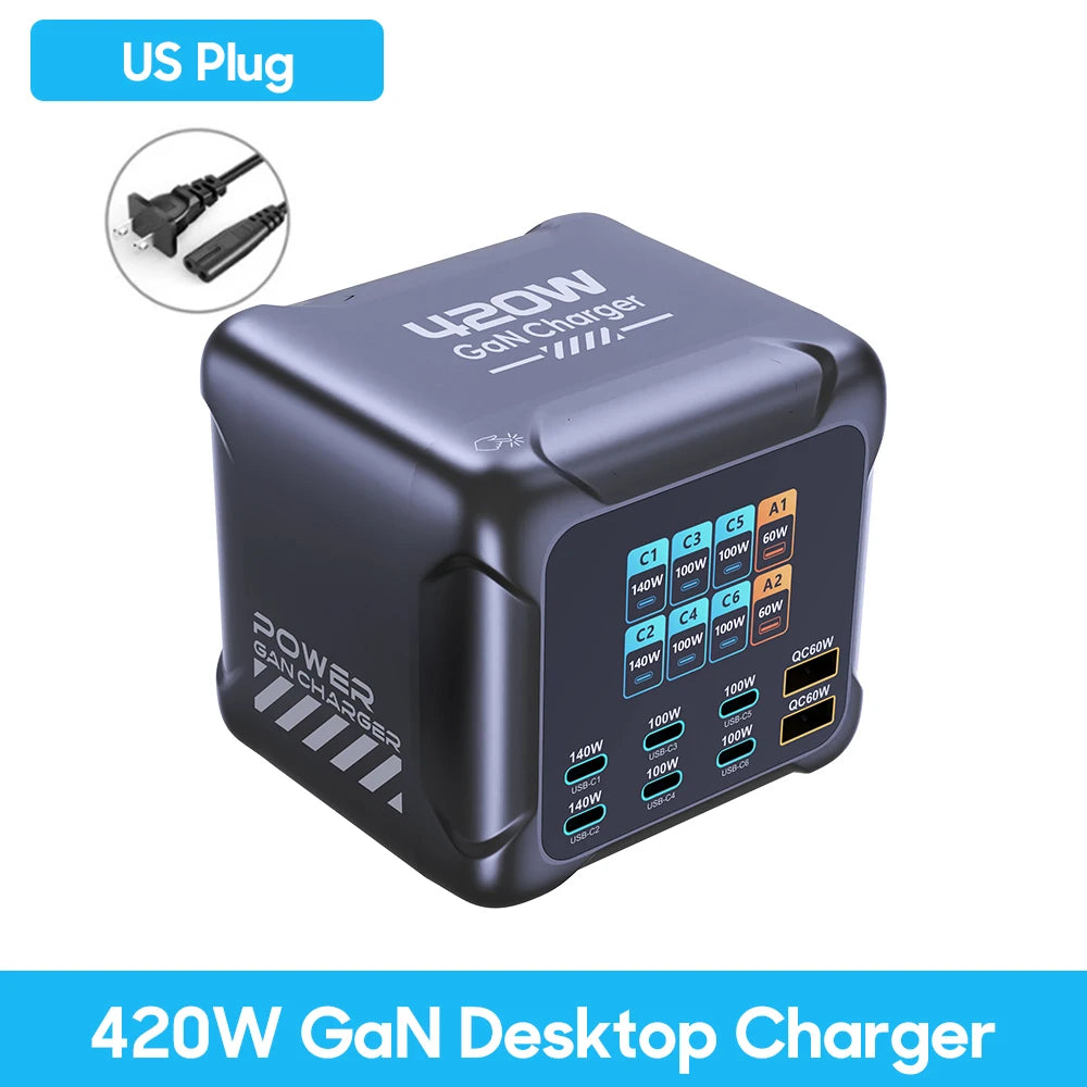 US Plug Plug Type 420W GaN Desktop Charger With 6 USB-C & 2 USB-A Ports