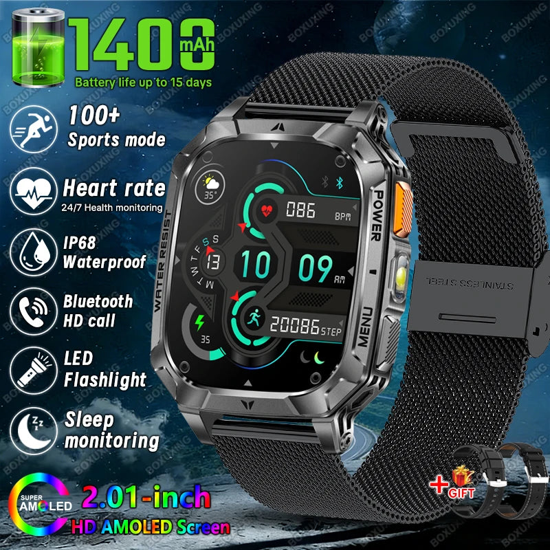 Black Mesh Belt 1 Color Military Outdoor Smartwatch 1400mAh – IP68, Flashlight, Calls