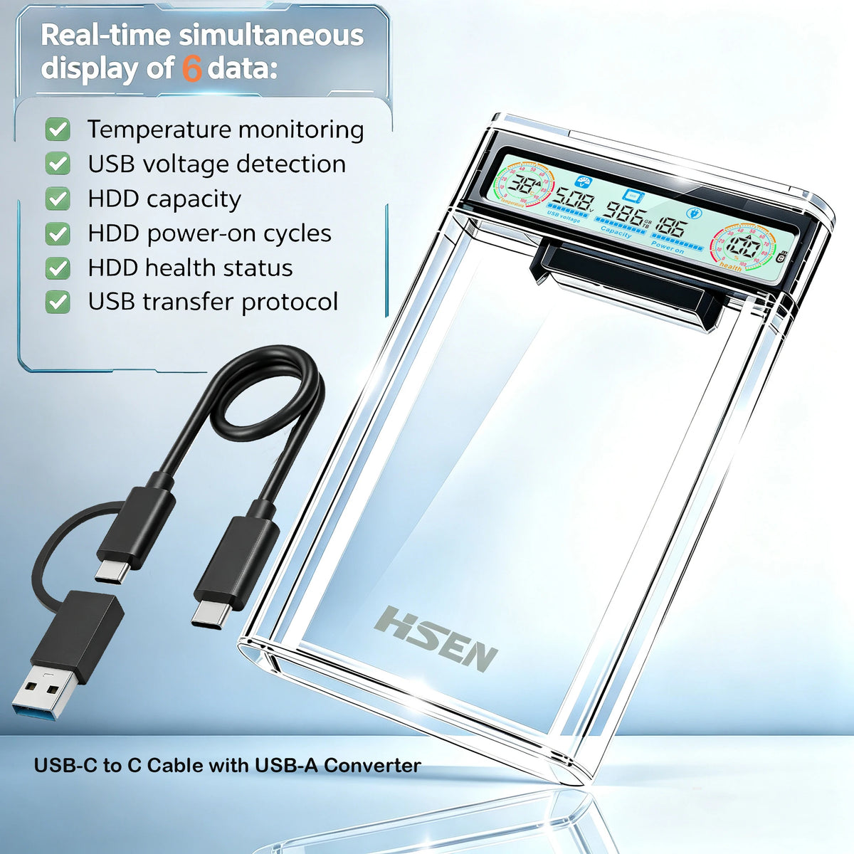 USB 3.0 2.5" HDD/SSD Enclosure Transparent SATA Hard Drive Case with Smart Display Real-Time Hard Disk Health Monitoring