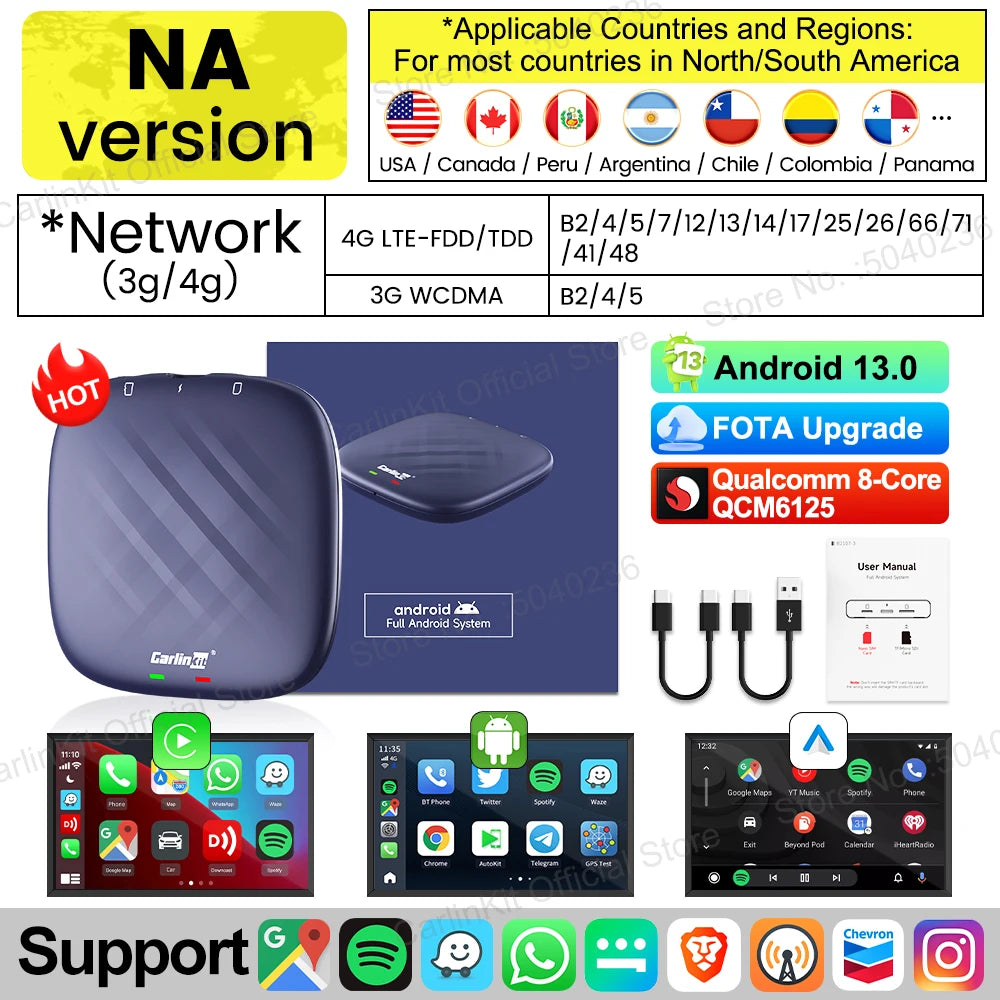 NA QCM6125  Plus Color Android 13 CarPlay AI Box Adapter – 8-Core, Dual-Band WiFi