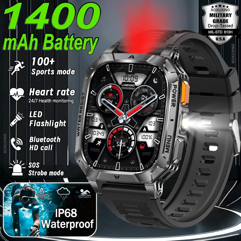 Military Outdoor Smartwatch 1400mAh – IP68, Flashlight, Calls