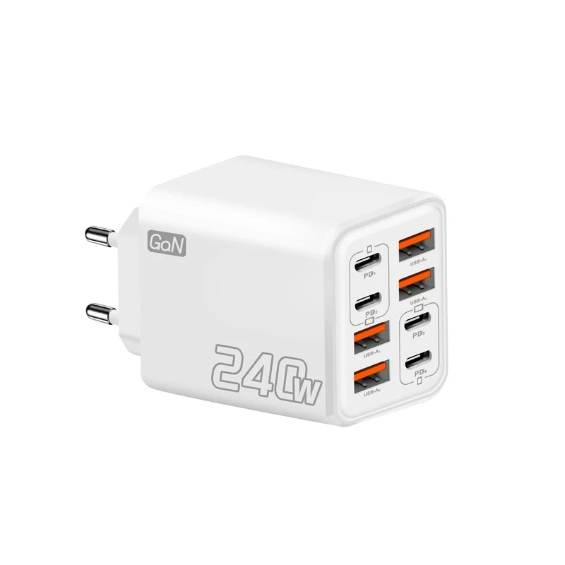 EU White Plug Type GaN Multi-Port USB & Type-C Charger – 8-Port Fast Charge