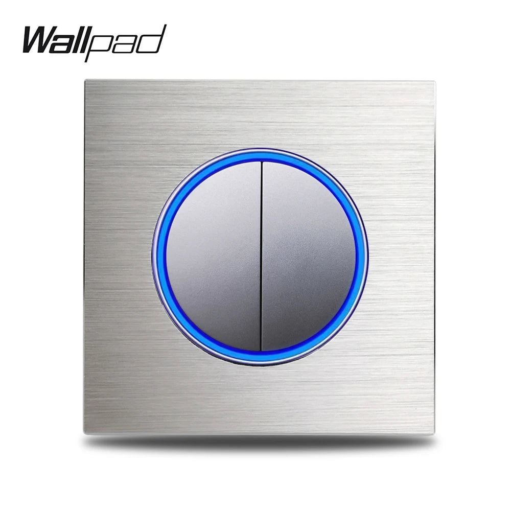 Silver 2 Gang Color Aluminum Wall Light Switch With Round LED Push Button