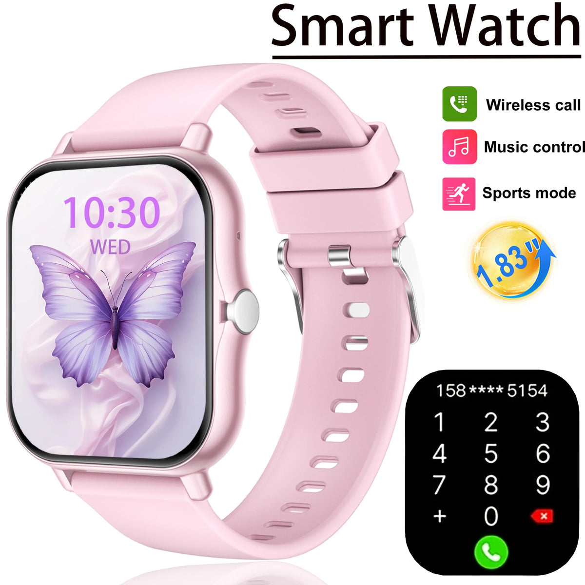 Pink Color 1.83" Full Touch Smartwatch With Call & Sleep Tracking