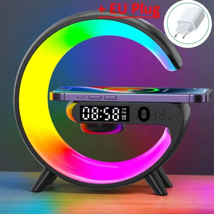 Black with EU Plug Color Mini Wireless Charging Alarm Clock With RGB Speaker