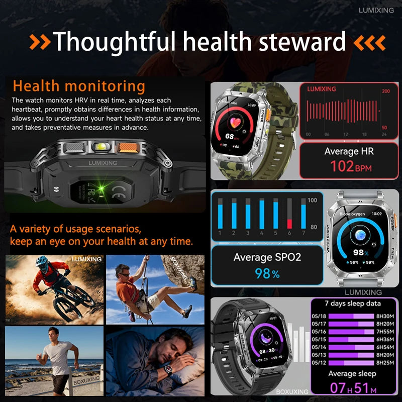 Military Outdoor Smartwatch 1400mAh – IP68, Flashlight, Calls