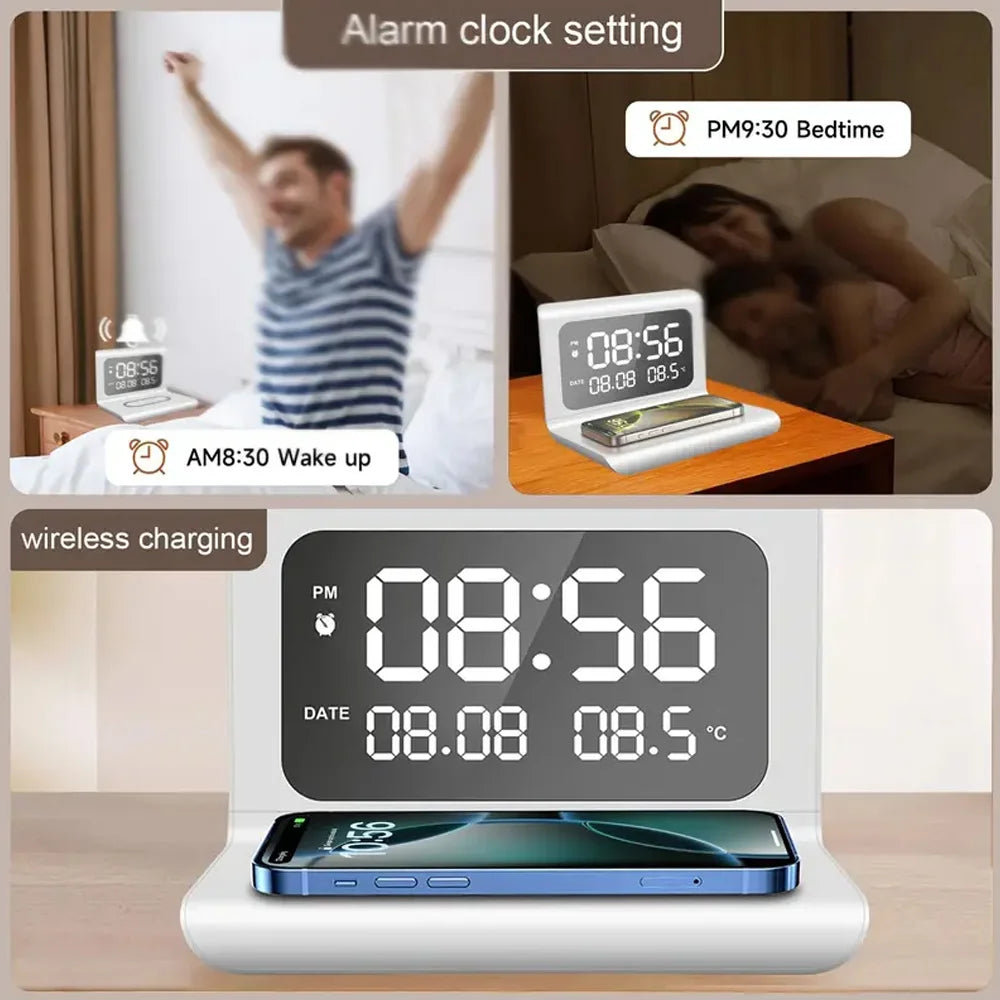 30W Wireless Charging Alarm Clock with LED Temperature Display
