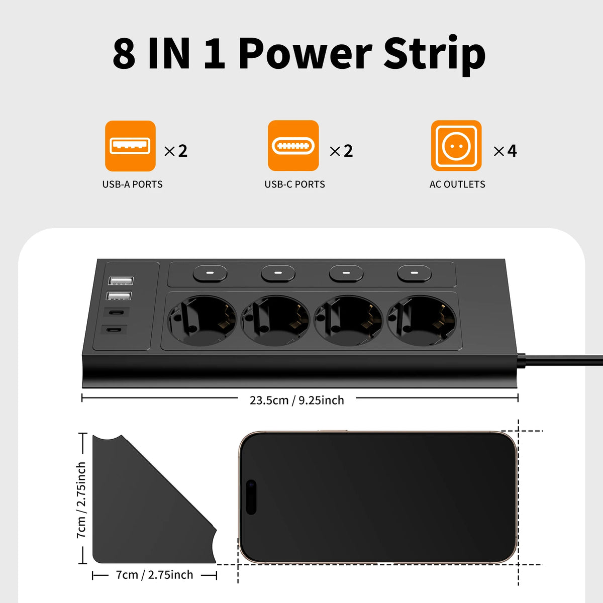 EU Corner Power Strip With Switches & 4 USB Ports
