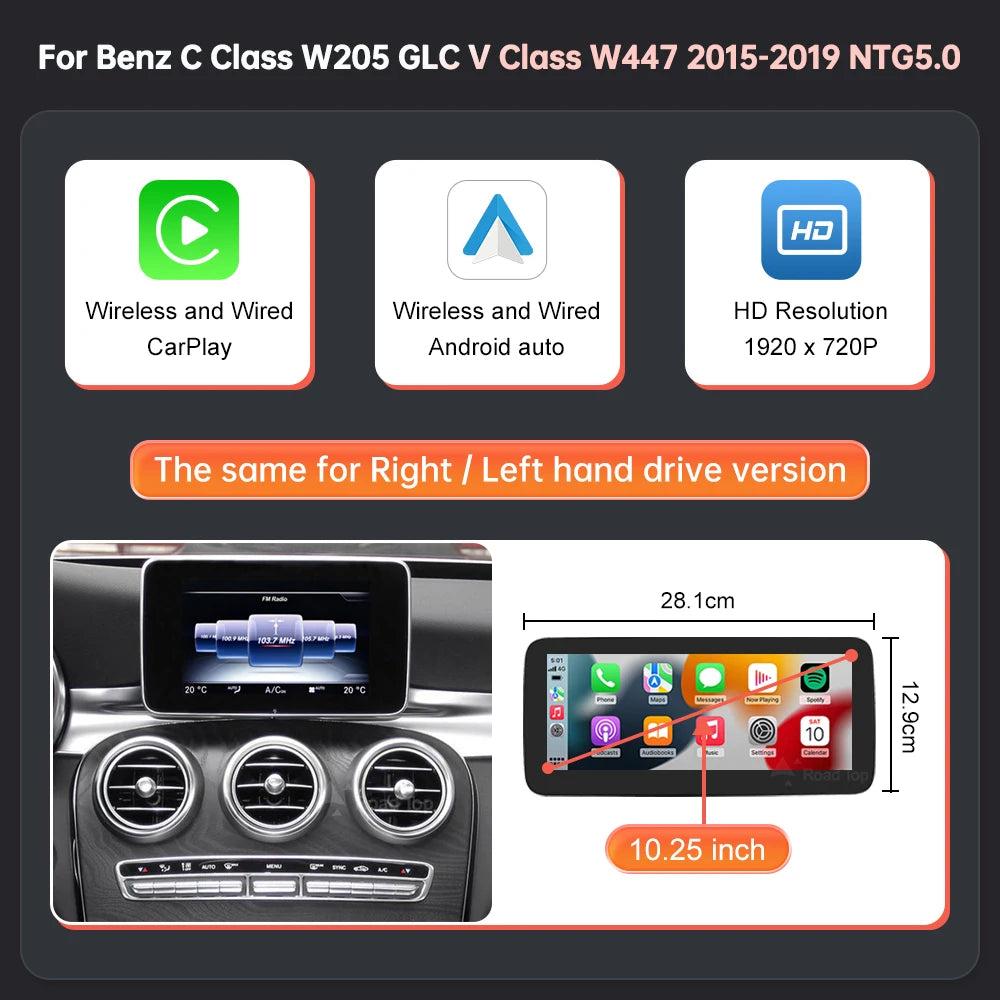 10.25 inch NTG5.0 Color Wireless CarPlay Android Auto Screen for Mercedes C/GLC