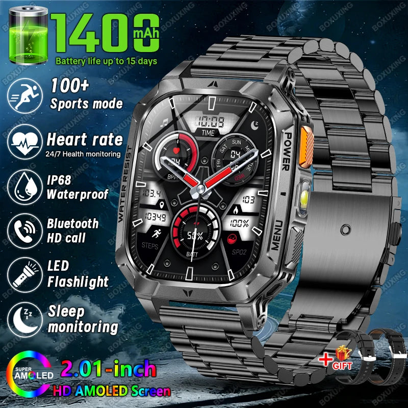 Black Steel Belt 1 Color Military Outdoor Smartwatch 1400mAh – IP68, Flashlight, Calls