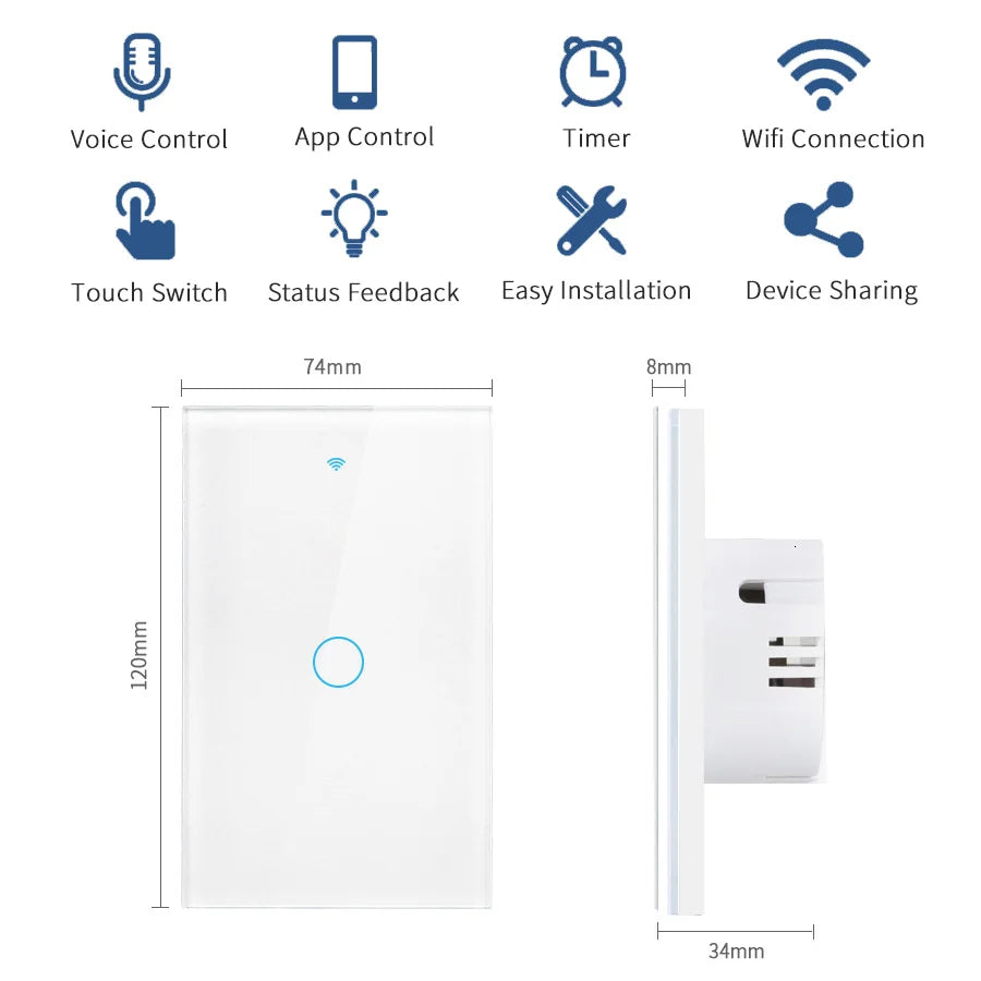 WiFi Smart Touch Wall Light Switch – No Neutral, App Control