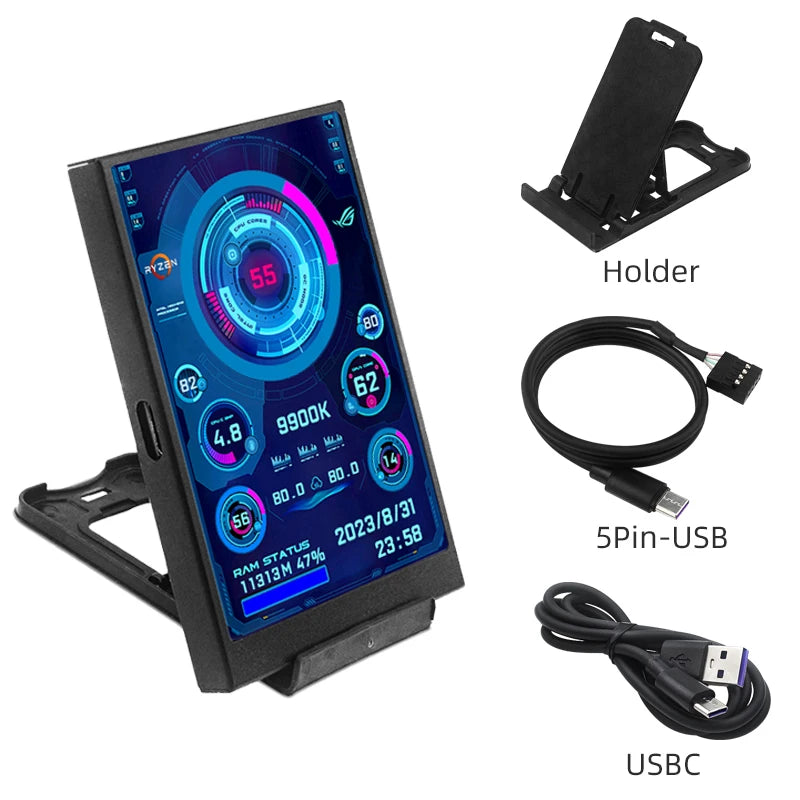 Black-5Pin Color 3.5" USB Type-C PC Performance Monitor Screen IPS
