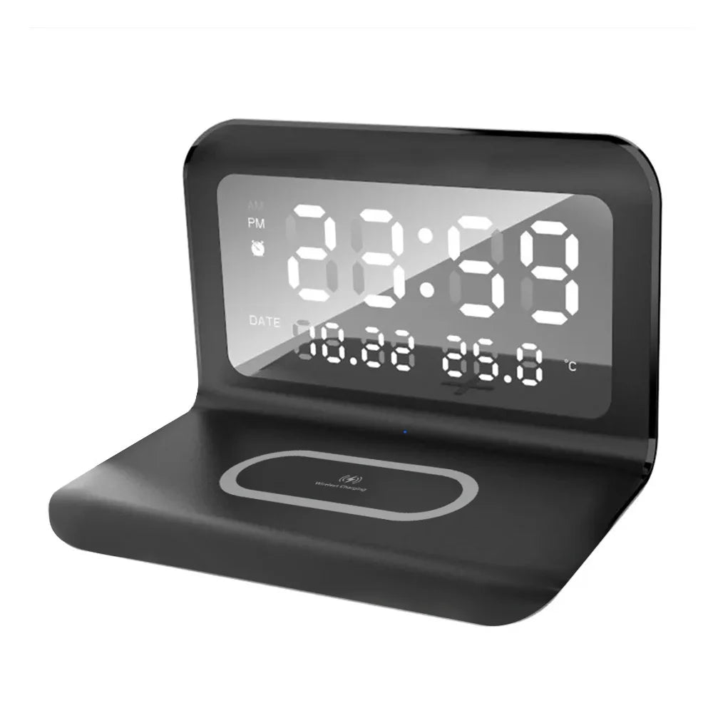 Black no cable Color 30W Wireless Charging Alarm Clock with LED Temperature Display