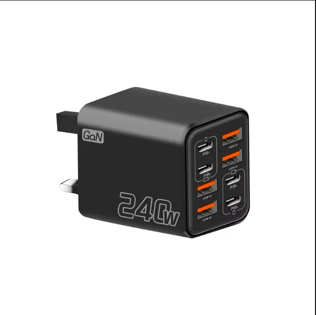 UK Black Plug Type GaN Multi-Port USB & Type-C Charger – 8-Port Fast Charge