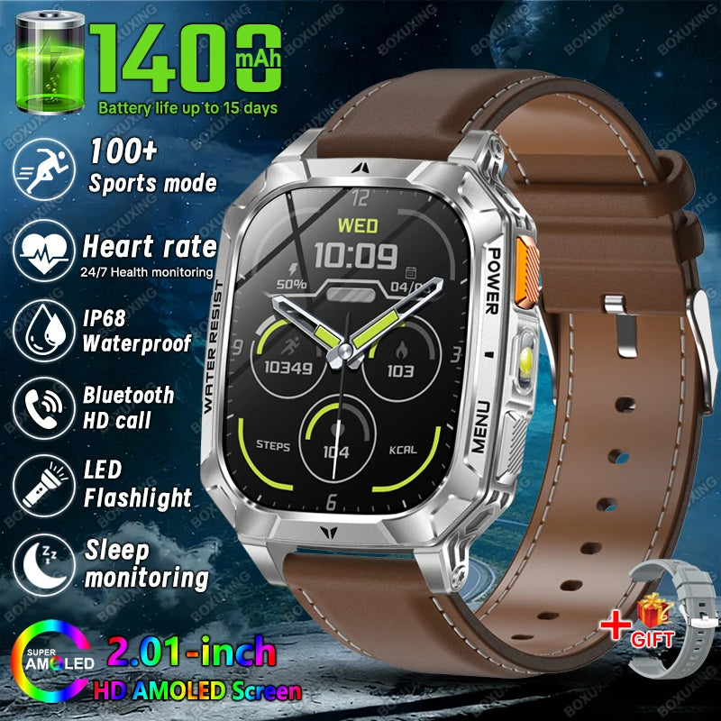 Brown Leather Color Military Outdoor Smartwatch 1400mAh – IP68, Flashlight, Calls