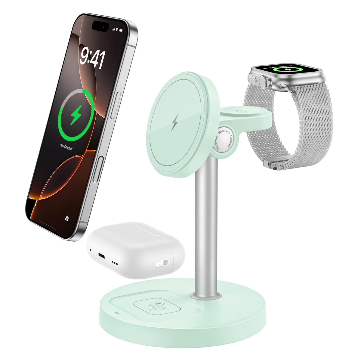 green Color 3-in-1 Magnetic Wireless Charging Stand For Apple Devices