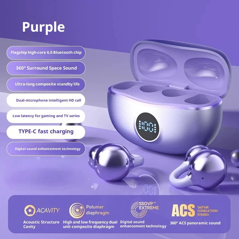 PURPLE Color Ear Clip Wireless Bluetooth Headphones With Mic HIFI