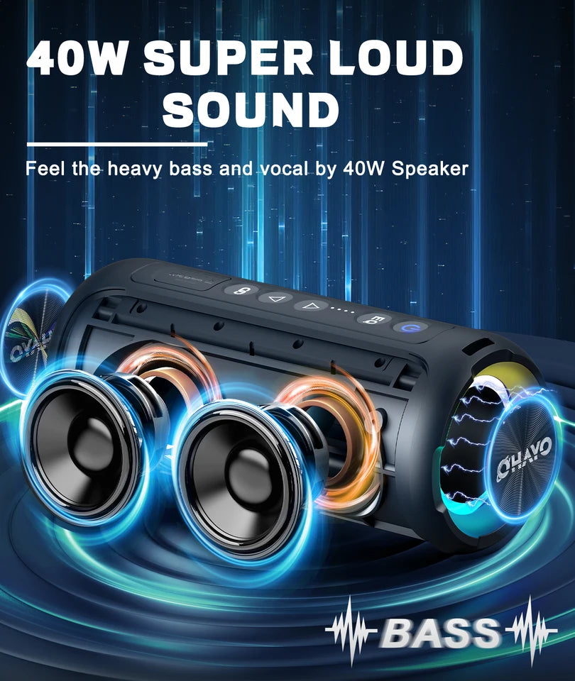 40W Portable Bluetooth Speaker – Deep Bass, IPX7, LED Light