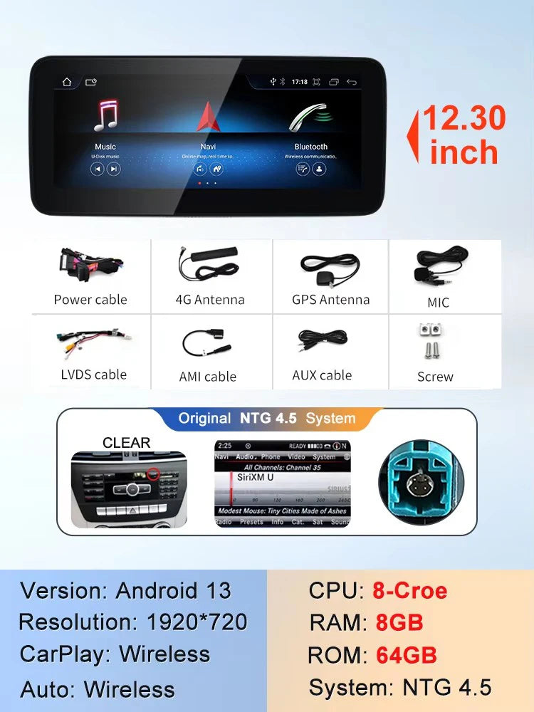 4.5 8G 64G 12.3 Color Android Car Multimedia Screen For Mercedes A-Class W176