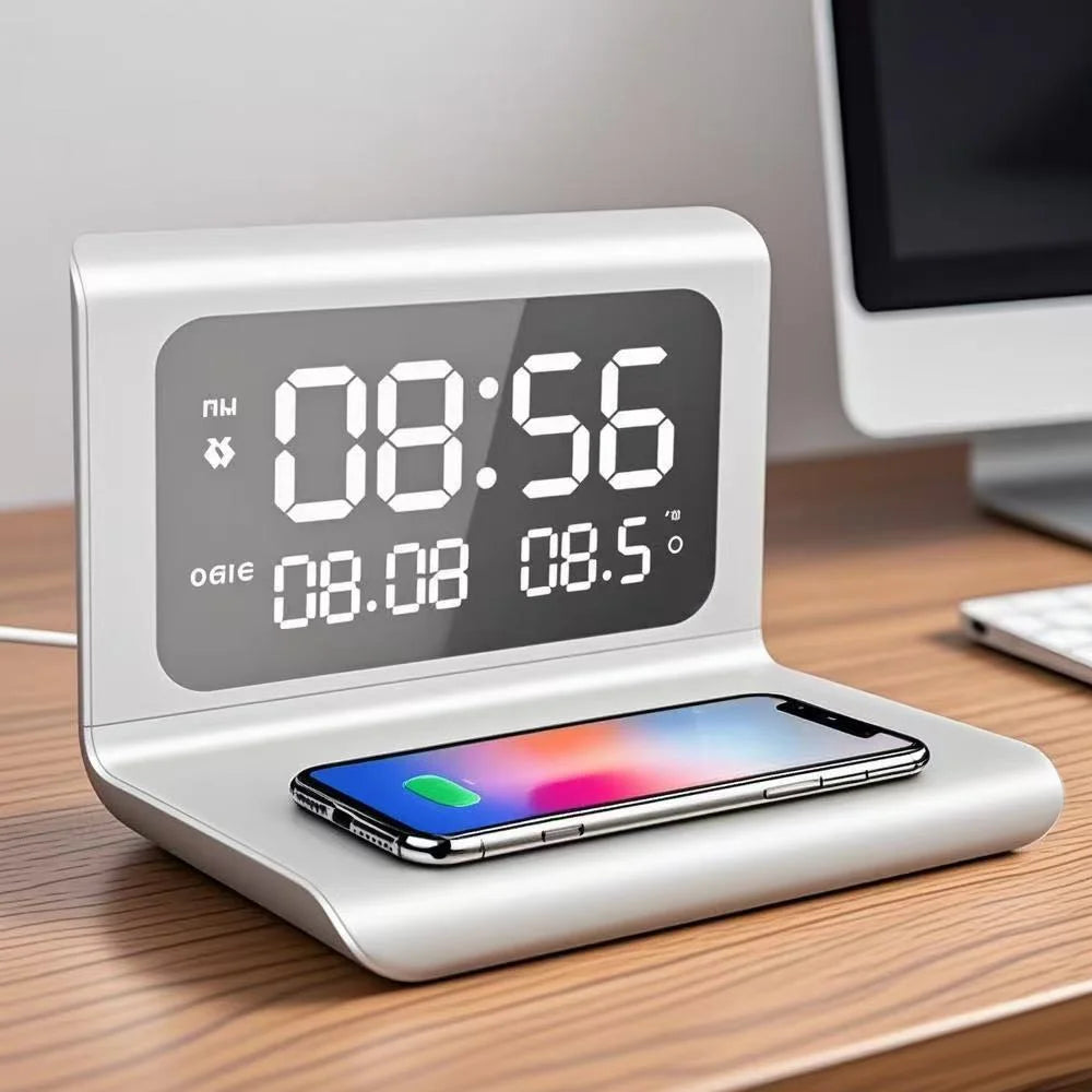 30W Wireless Charging Alarm Clock with LED Temperature Display