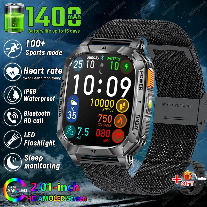 Black Mesh Belt Color Military Outdoor Smartwatch 1400mAh – IP68, Flashlight, Calls