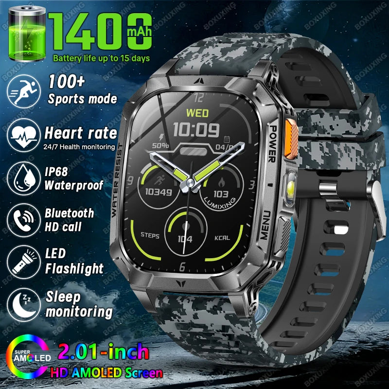 Blue Camouflage Color Military Outdoor Smartwatch 1400mAh – IP68, Flashlight, Calls