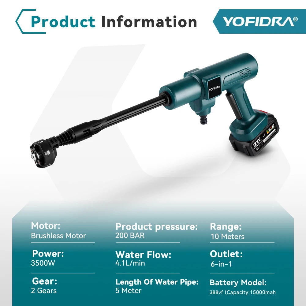 Cordless Brushless Pressure Washer 200 Bar 6‑in‑1 Nozzle