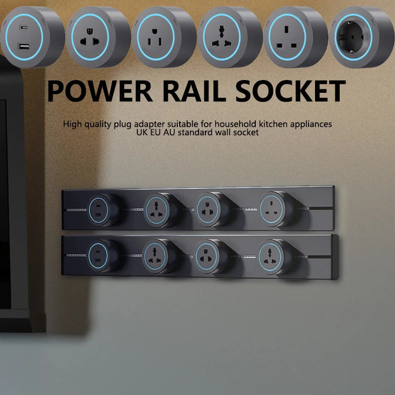 Wall-Mounted Track Power Rail with Movable Sockets