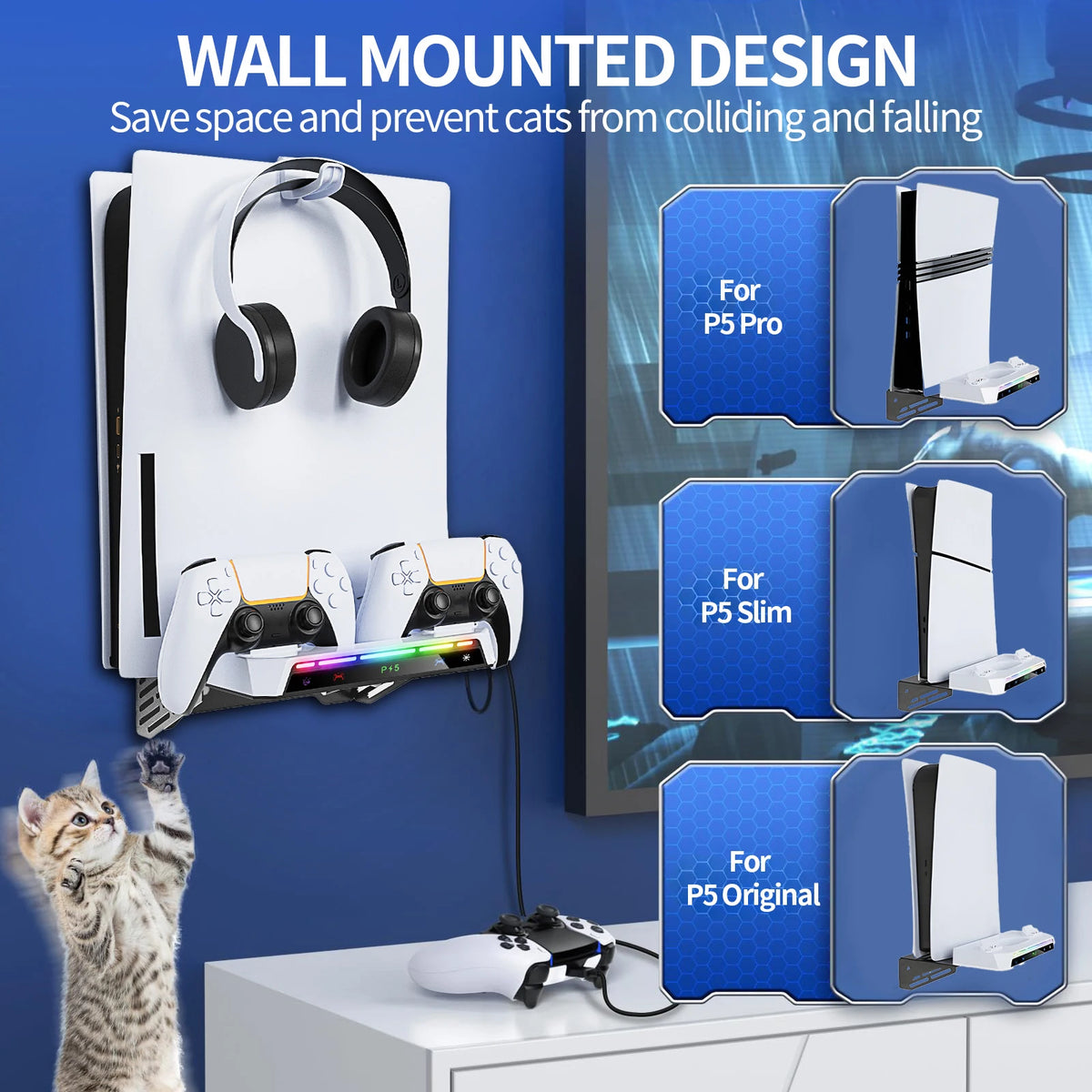 Wall Mount Stand for PS5 with Dual Charger & RGB Lights