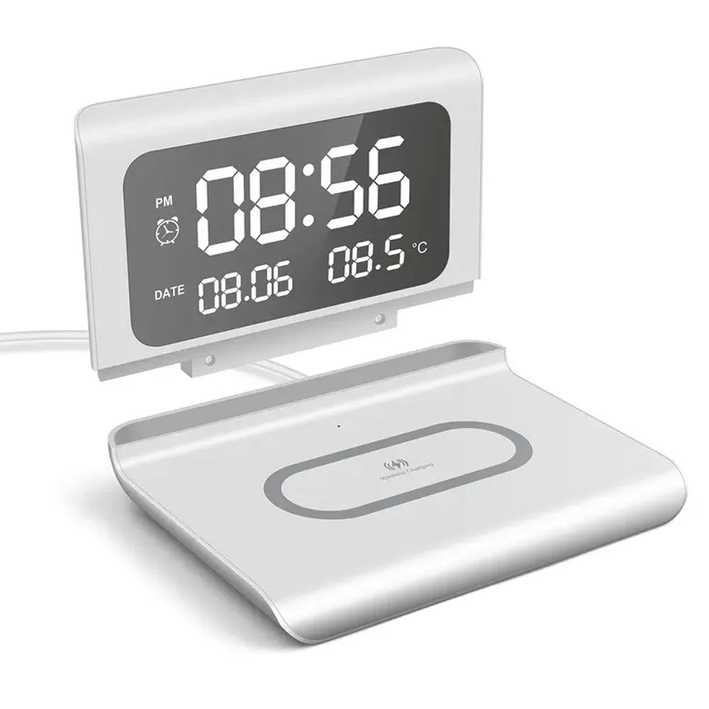White with cable Color 30W Wireless Charging Alarm Clock with LED Temperature Display
