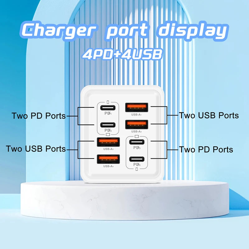 GaN Multi-Port USB & Type-C Charger – 8-Port Fast Charge