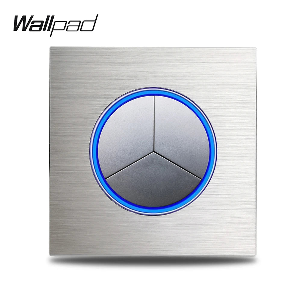 Silver 3 Gang Color Aluminum Wall Light Switch With Round LED Push Button