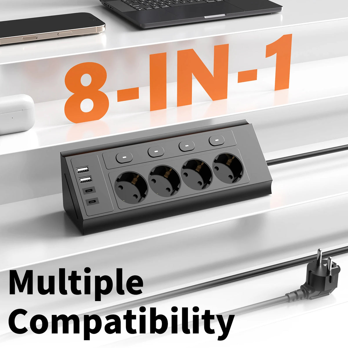 EU Corner Power Strip With Switches & 4 USB Ports
