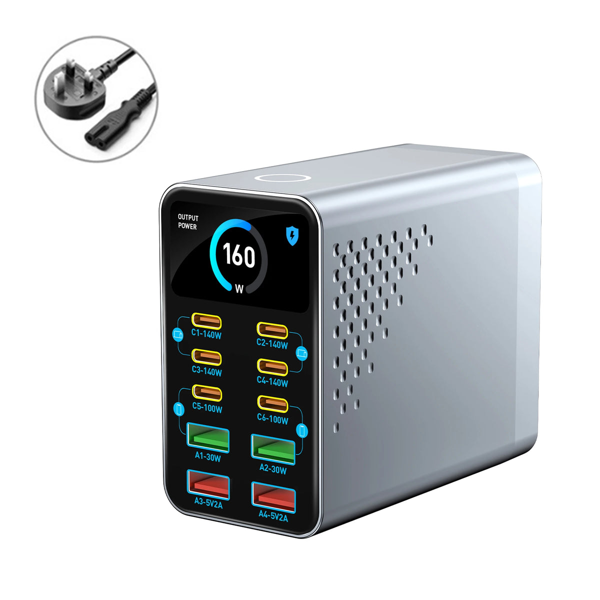 UK Plug Type 10‑Port GaN USB-C Desktop Charger – 140W PD Hub