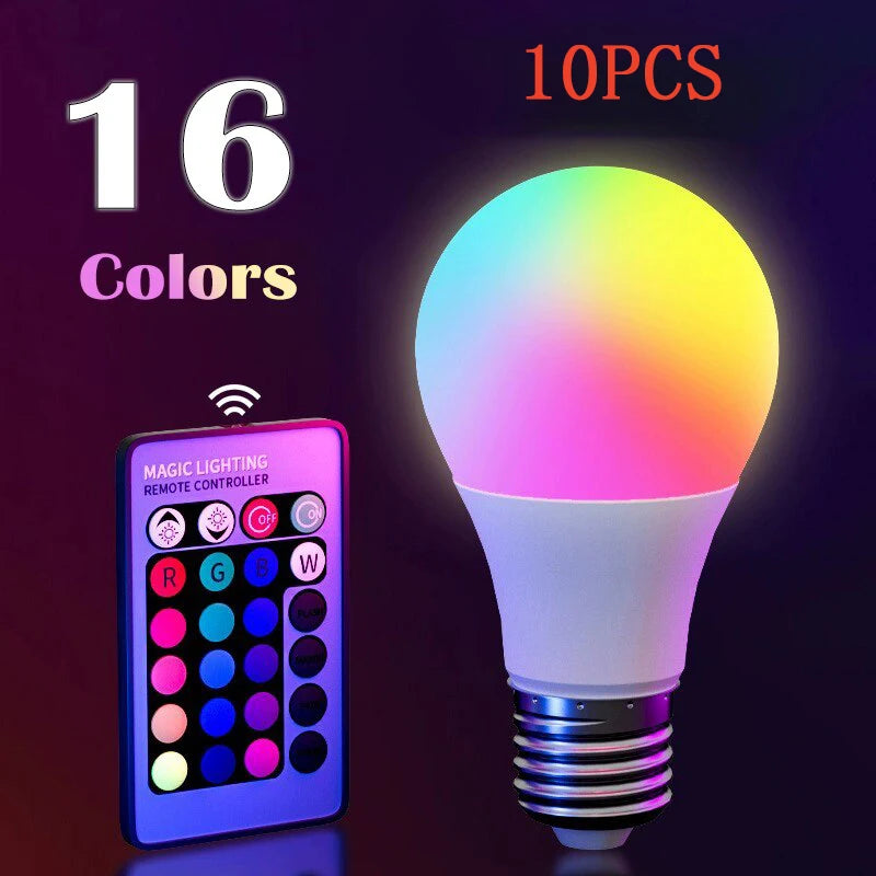 10pc Color RGB LED E27 Light Bulb with Remote – 16-Color Dimmable