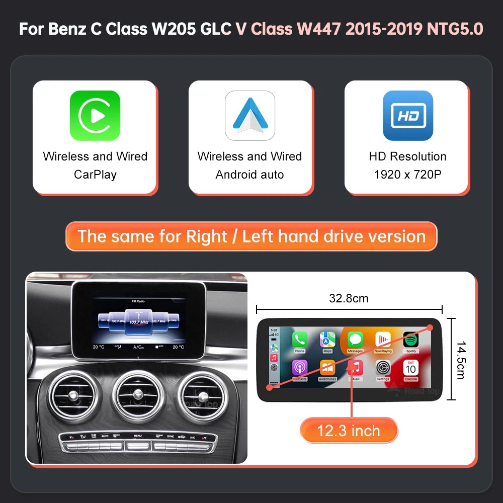 12.3 inch NTG5.0 Color Wireless CarPlay Android Auto Screen for Mercedes C/GLC