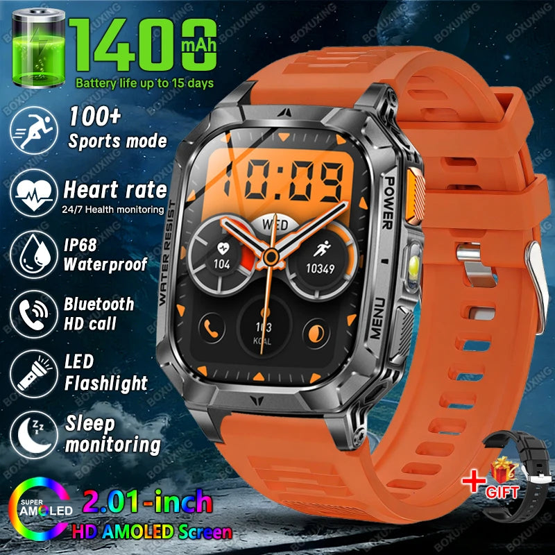 Orange Color Color Military Outdoor Smartwatch 1400mAh – IP68, Flashlight, Calls