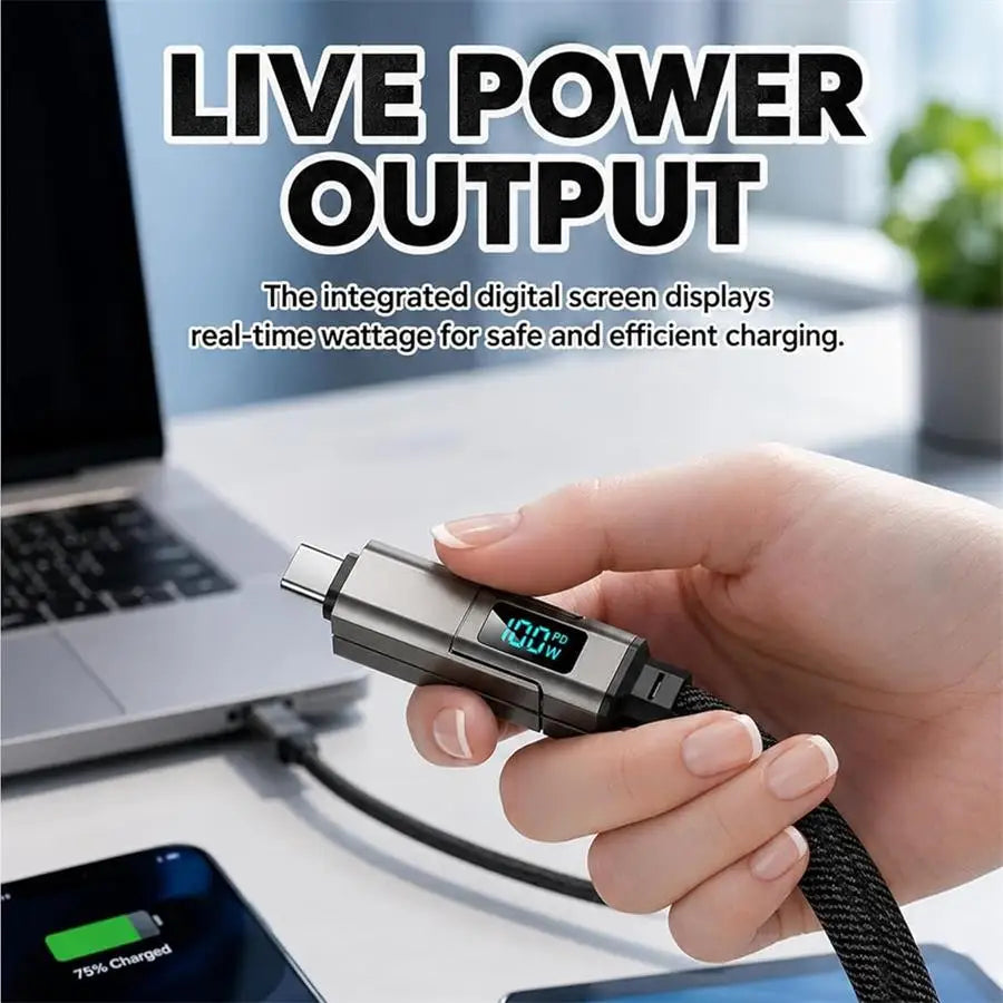 65W 4-in-1 Keychain Charging Cable With Power Display