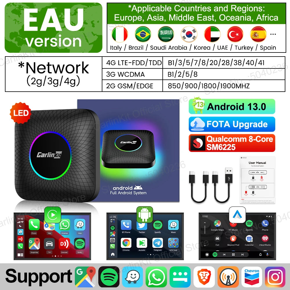 EAU SM6225 LED Color Android 13 CarPlay AI Box Adapter – 8-Core, Dual-Band WiFi