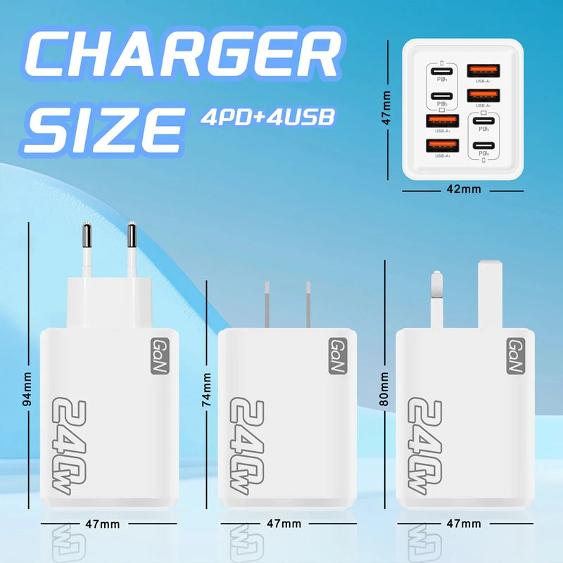 GaN Multi-Port USB & Type-C Charger – 8-Port Fast Charge