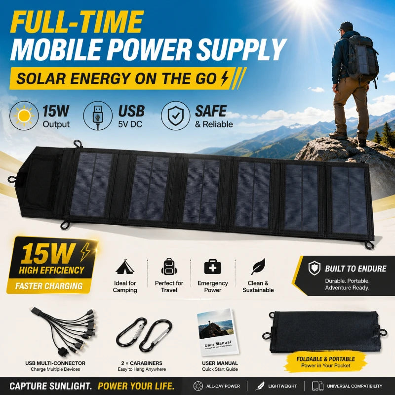 Foldable 15W Portable Solar Charger with USB Output