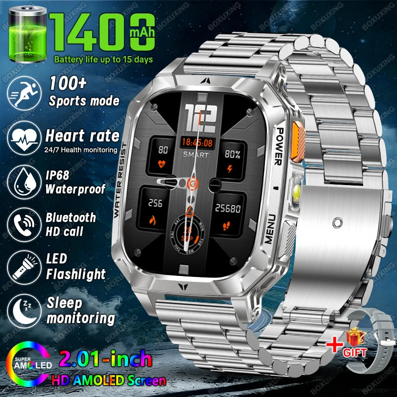Silver Steel Belt Color Military Outdoor Smartwatch 1400mAh – IP68, Flashlight, Calls