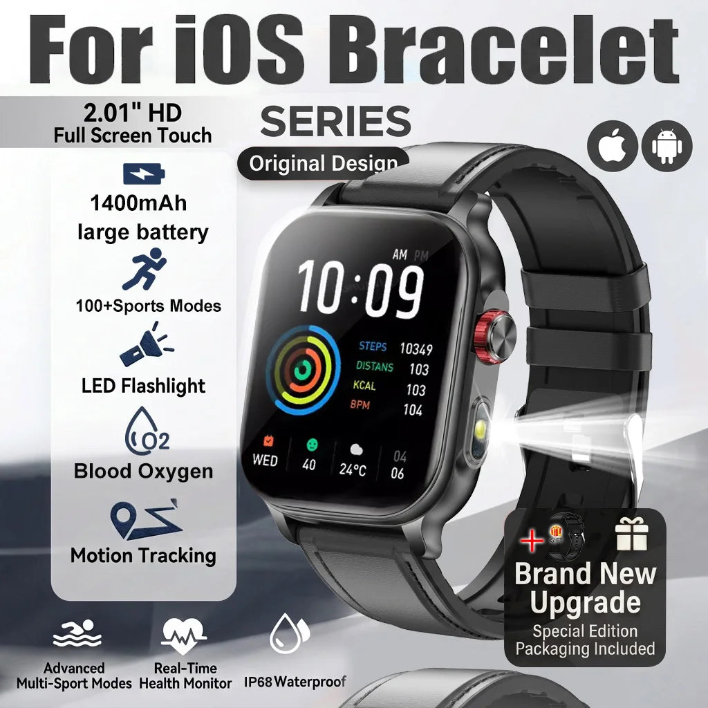 Black Leather Color Rugged AMOLED Smart Watch With GPS, Flashlight & Calls