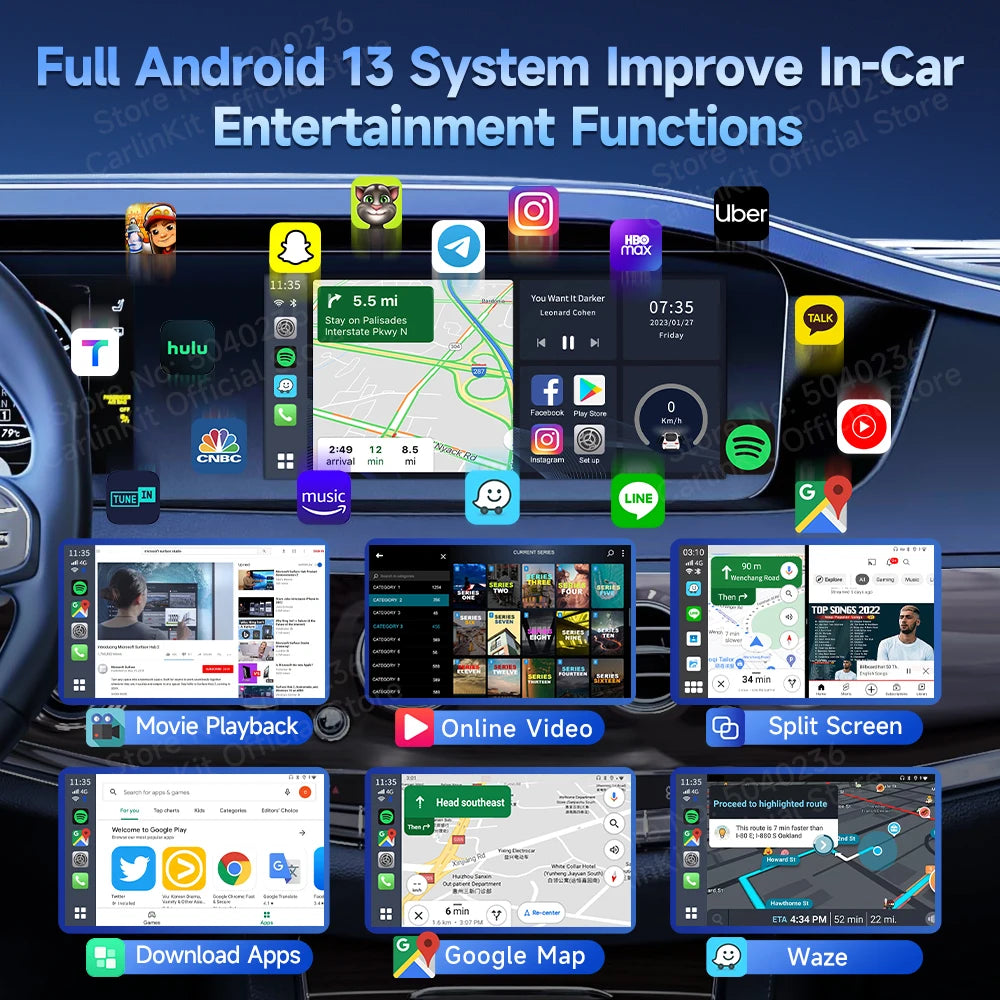 Android 13 CarPlay AI Box Adapter – 8-Core, Dual-Band WiFi