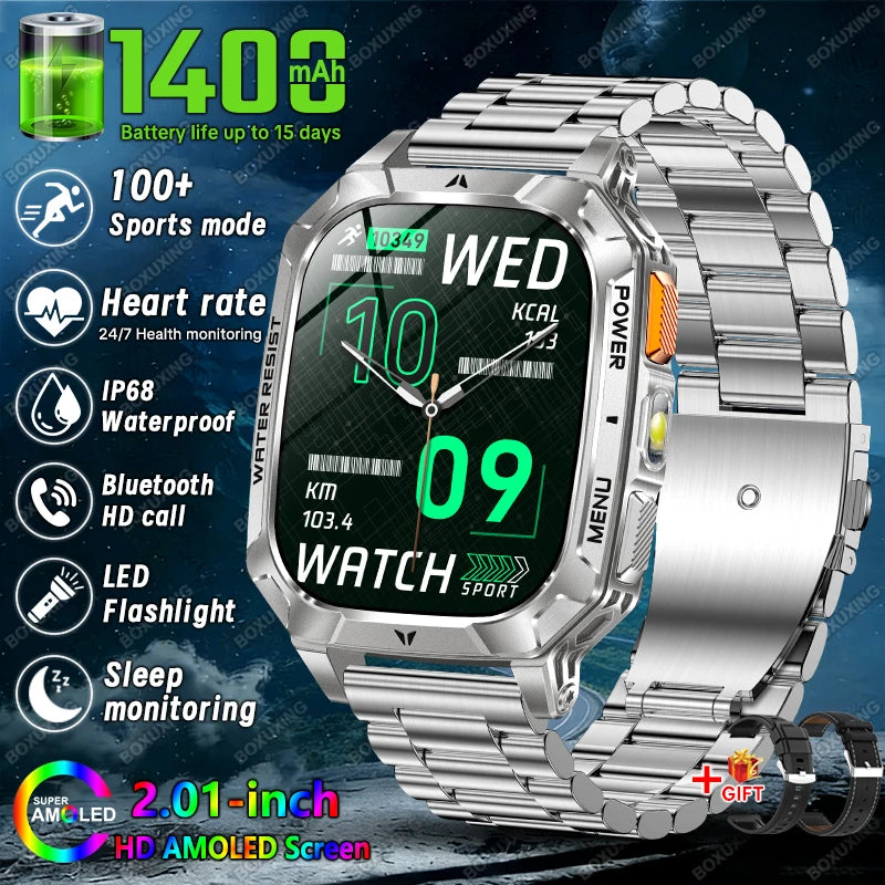 Silver Steel Belt 1 Color Military Outdoor Smartwatch 1400mAh – IP68, Flashlight, Calls