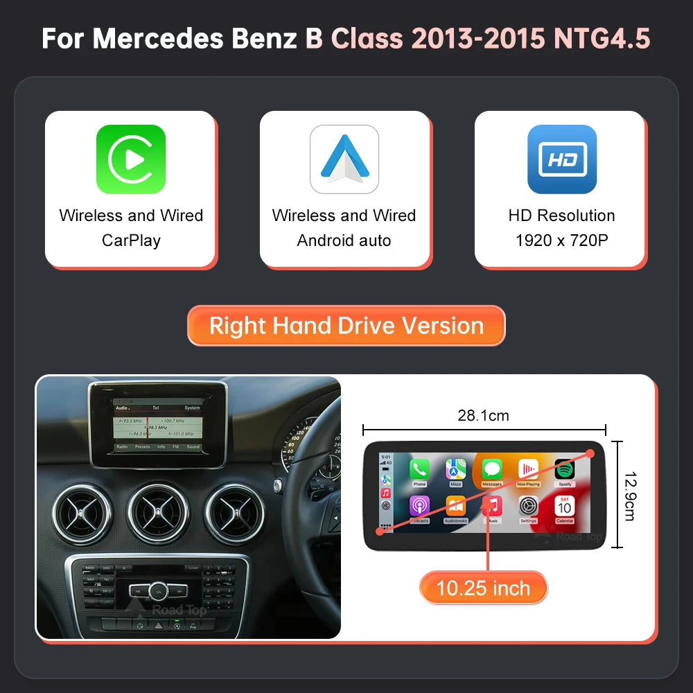 10.25 B class RHD Color Wireless CarPlay Android Auto Screen For Mercedes-Benz