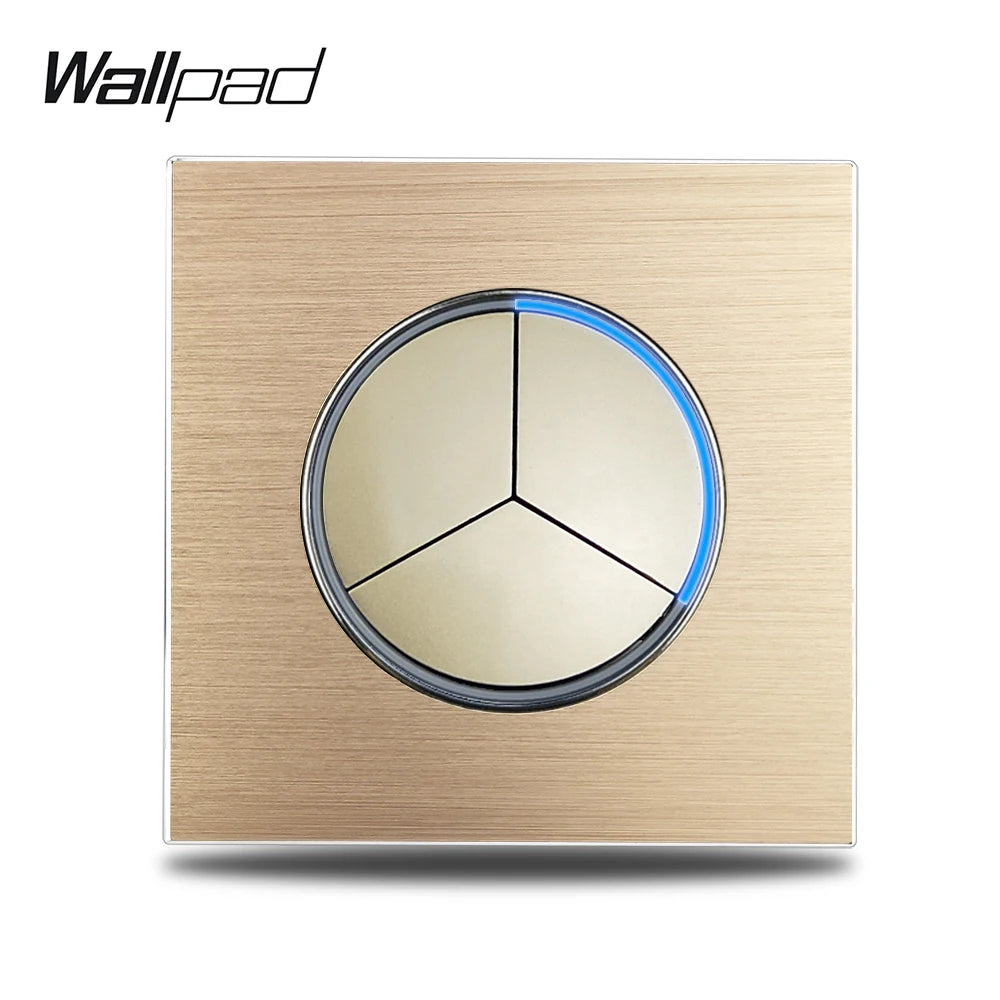 Gold 3 Gang Color Aluminum Wall Light Switch With Round LED Push Button