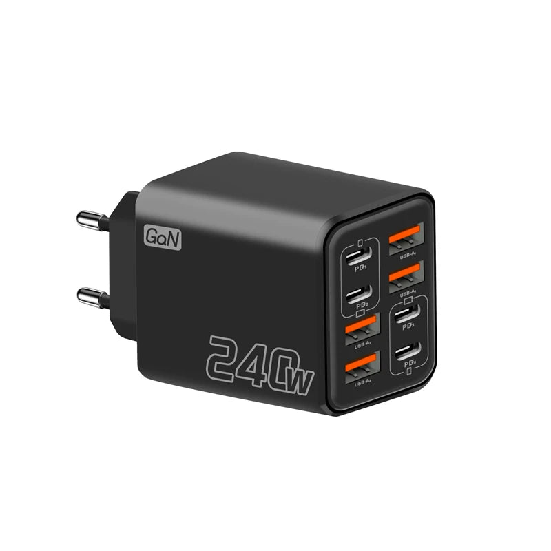 EU Black Plug Type GaN Multi-Port USB & Type-C Charger – 8-Port Fast Charge