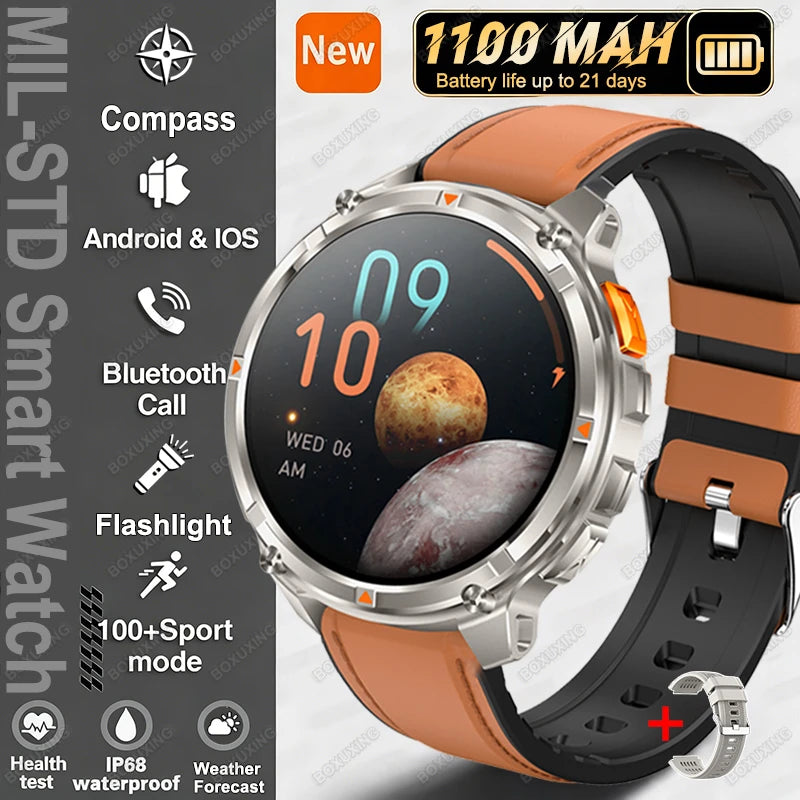 Brown Leather Color Outdoor Smart Watch with GPS – 21-Day Battery & Calls